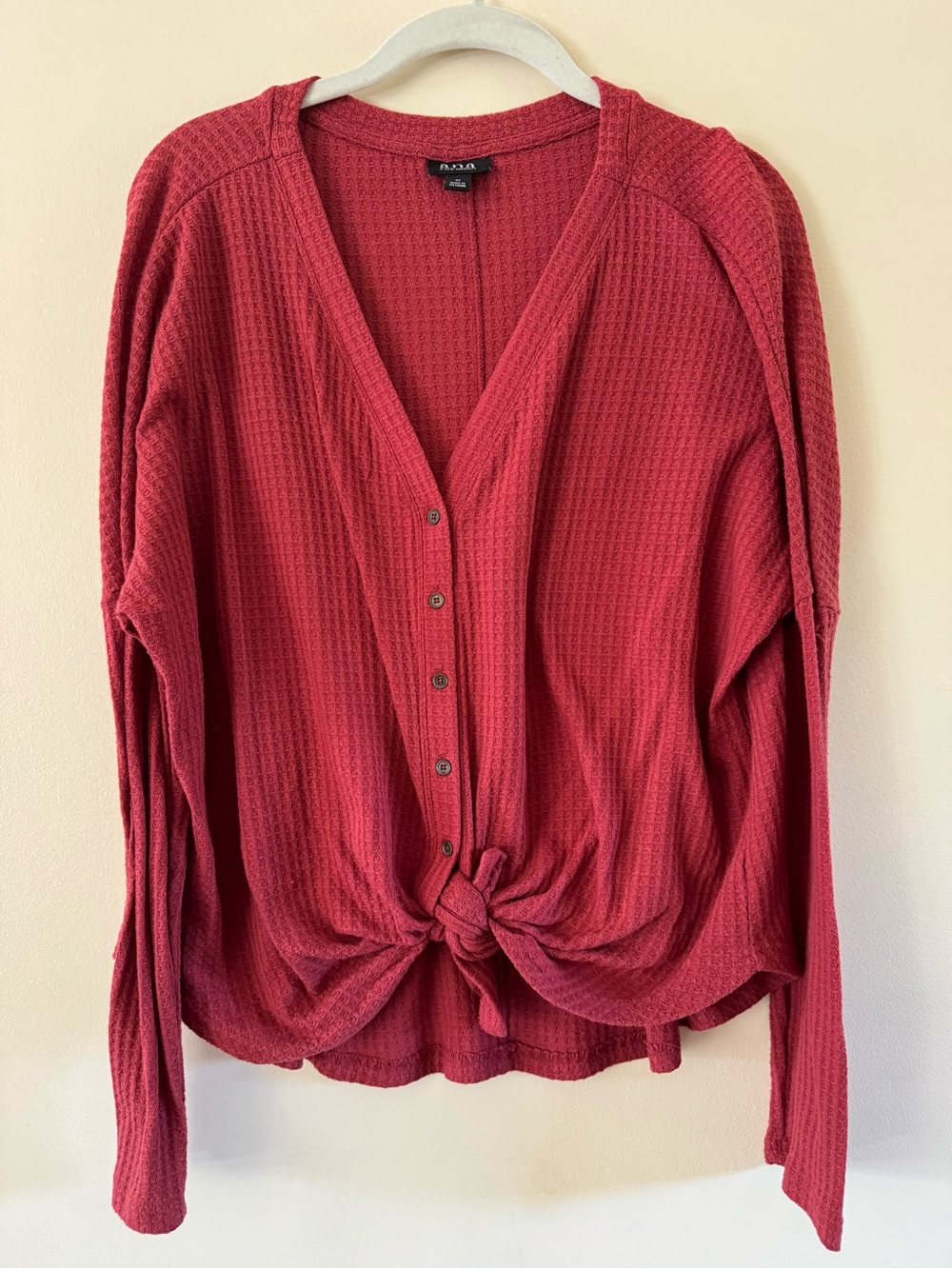 a.n.a Red Waffle-Knit Button Front Tie Long Sleeve Top